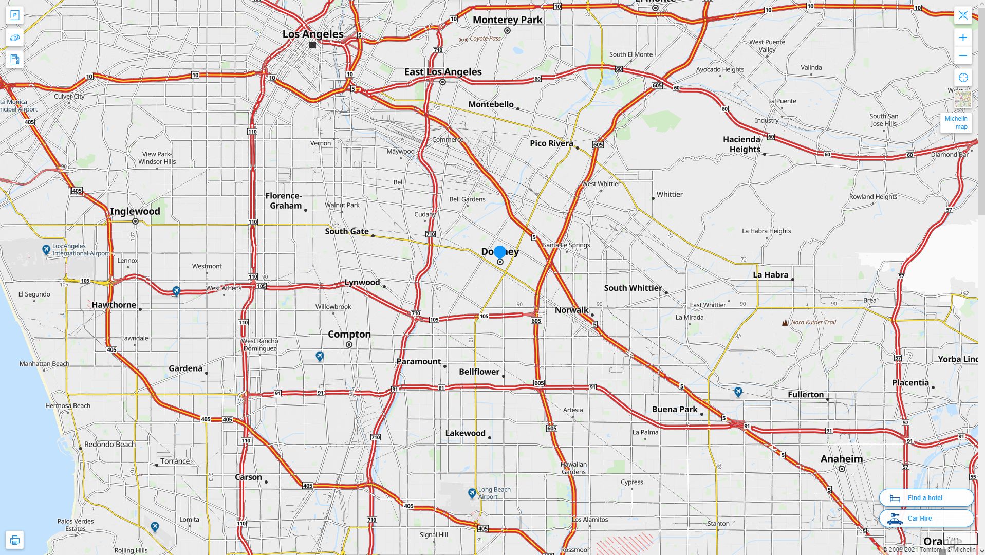 Downey California Highway and Road Map